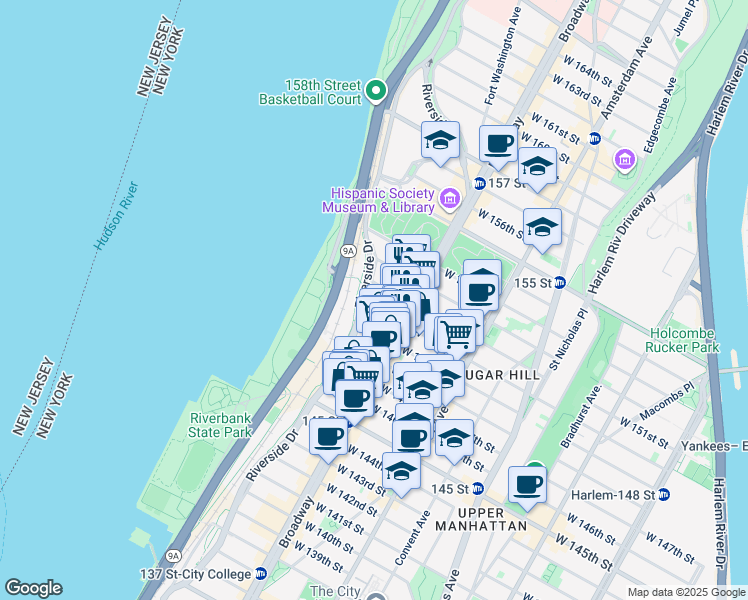 map of restaurants, bars, coffee shops, grocery stores, and more near Broadway in New York