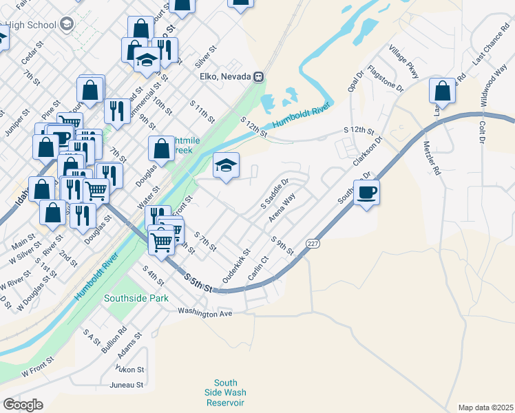 map of restaurants, bars, coffee shops, grocery stores, and more near 93 Park Road in Elko