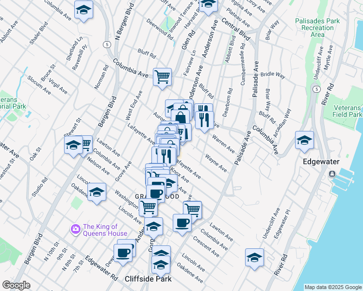 map of restaurants, bars, coffee shops, grocery stores, and more near 291 Franklin Avenue in Cliffside Park