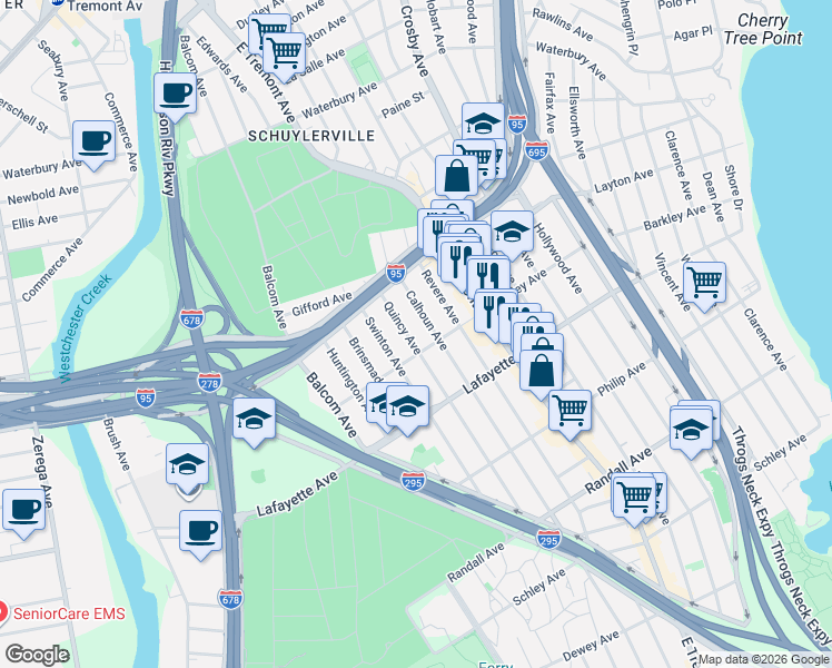 map of restaurants, bars, coffee shops, grocery stores, and more near 2834 Barkley Avenue in Bronx