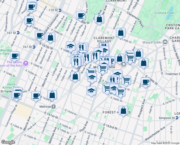 map of restaurants, bars, coffee shops, grocery stores, and more near 465A East 167th Street in Bronx