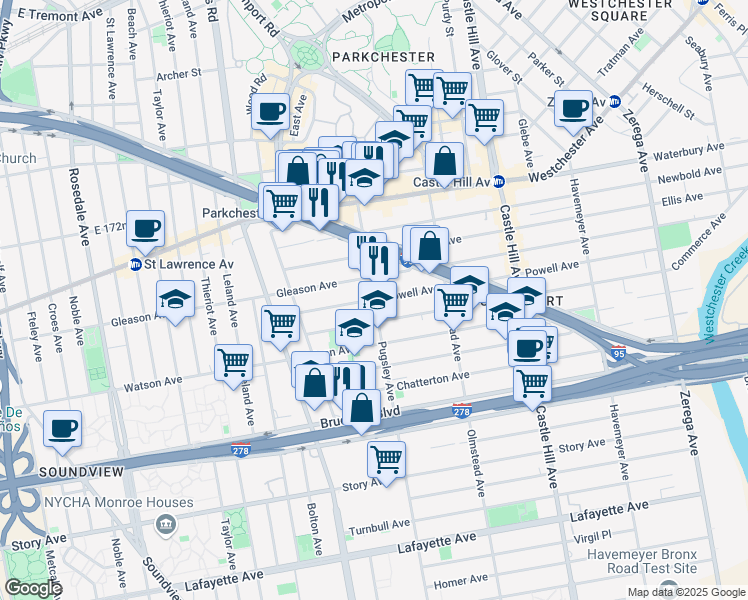 map of restaurants, bars, coffee shops, grocery stores, and more near Pugsley Avenue & Powell Avenue in Bronx
