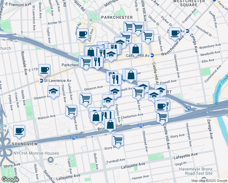 map of restaurants, bars, coffee shops, grocery stores, and more near 2010 Powell Avenue in Bronx