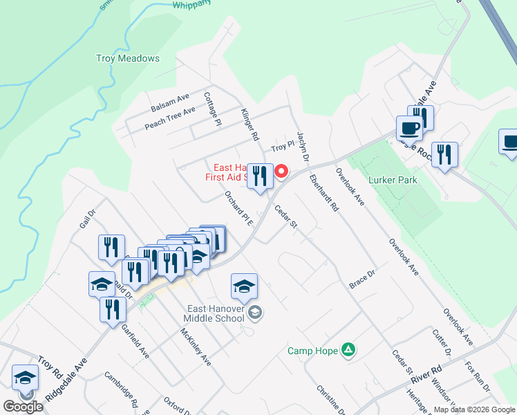 map of restaurants, bars, coffee shops, grocery stores, and more near 5 Orchard Place in East Hanover