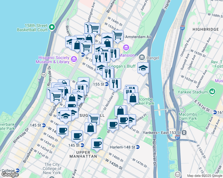 map of restaurants, bars, coffee shops, grocery stores, and more near 400 West 155th Street in New York
