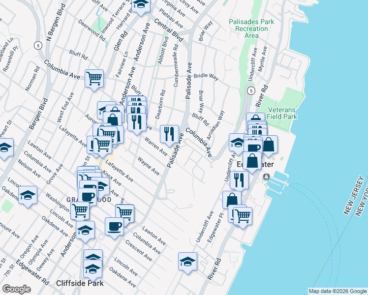 map of restaurants, bars, coffee shops, grocery stores, and more near 101 Victoria Place West in Fort Lee