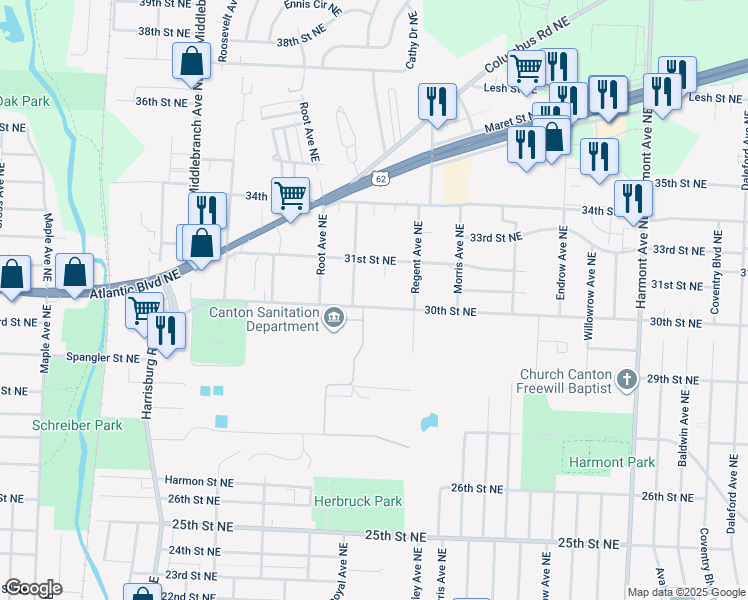 map of restaurants, bars, coffee shops, grocery stores, and more near 2521 30th Street Northeast in Canton