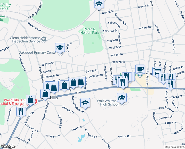 map of restaurants, bars, coffee shops, grocery stores, and more near 19 Longford Street in Huntington