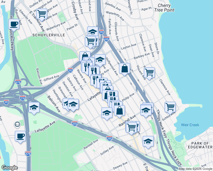 map of restaurants, bars, coffee shops, grocery stores, and more near 859 Edison Avenue in Bronx