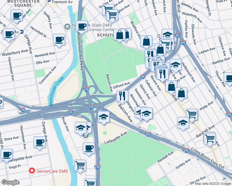 map of restaurants, bars, coffee shops, grocery stores, and more near in The Bronx
