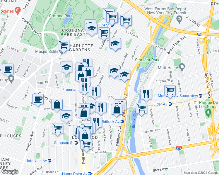 map of restaurants, bars, coffee shops, grocery stores, and more near 1406 Bryant Avenue in Bronx
