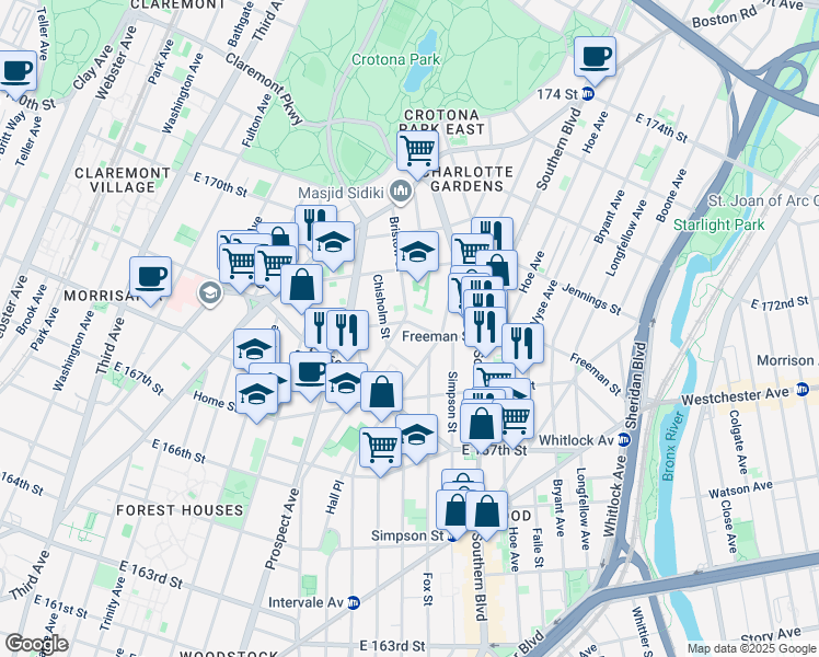 map of restaurants, bars, coffee shops, grocery stores, and more near 892 Freeman Street in Bronx