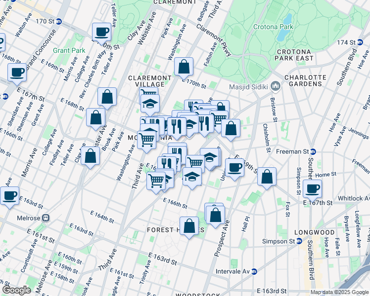 map of restaurants, bars, coffee shops, grocery stores, and more near 1208 Franklin Avenue in Bronx