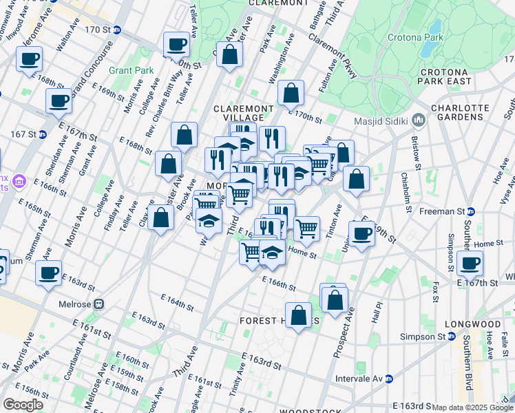 map of restaurants, bars, coffee shops, grocery stores, and more near 1194 Fulton Avenue in Bronx
