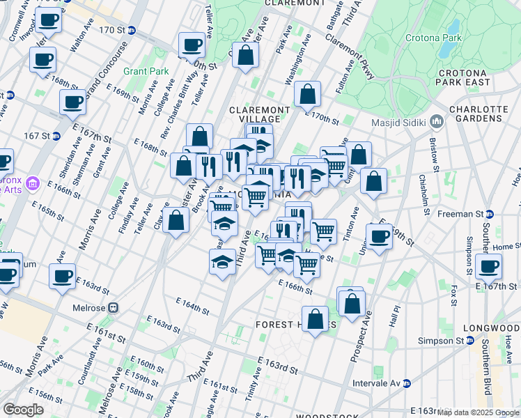 map of restaurants, bars, coffee shops, grocery stores, and more near 3475 3rd Avenue in Bronx