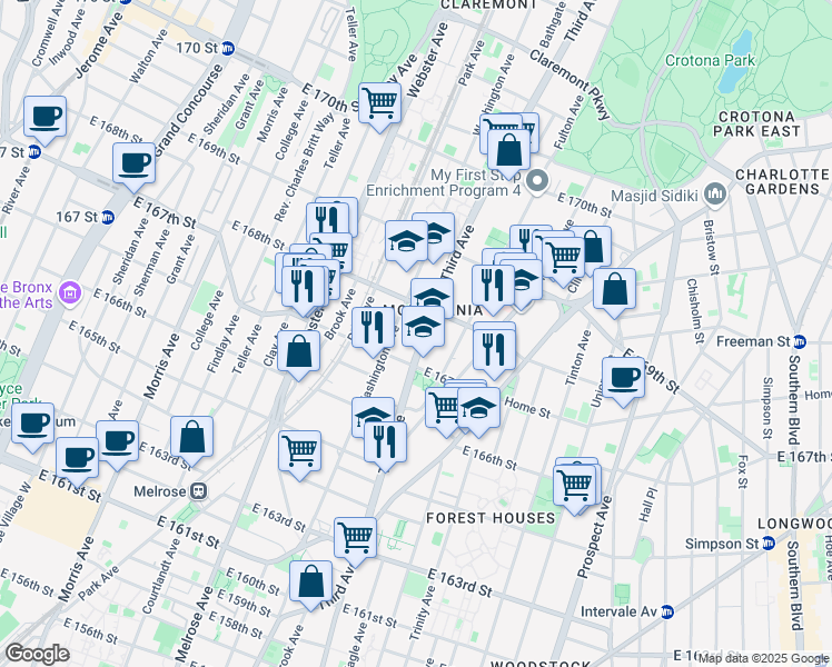 map of restaurants, bars, coffee shops, grocery stores, and more near 3475 3rd Avenue in Bronx