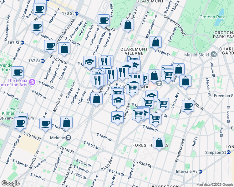 map of restaurants, bars, coffee shops, grocery stores, and more near 465A East 167th Street in Bronx