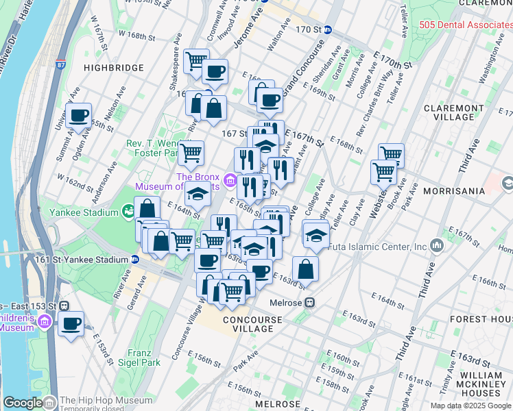 map of restaurants, bars, coffee shops, grocery stores, and more near 214 East 165th Street in Bronx