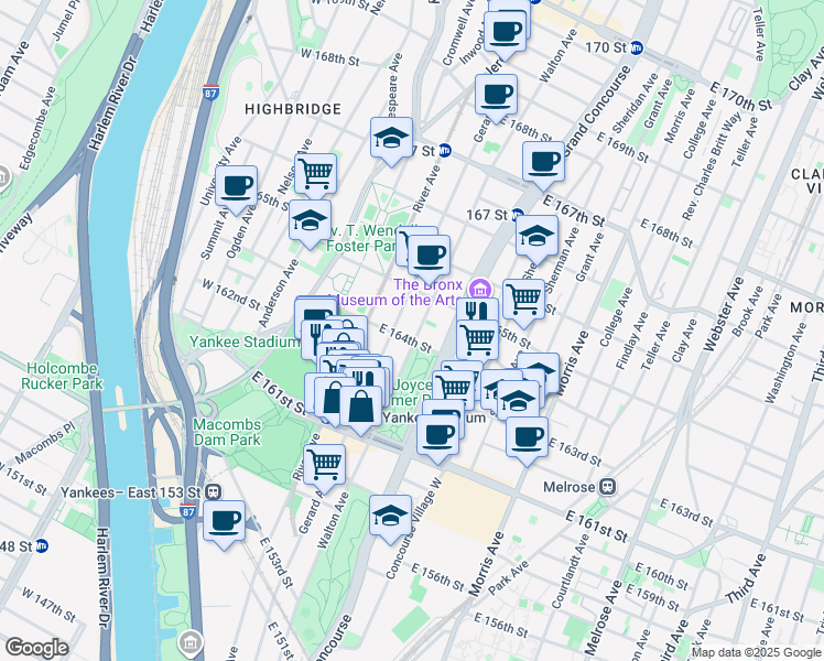 map of restaurants, bars, coffee shops, grocery stores, and more near 990 Gerard Avenue in The Bronx