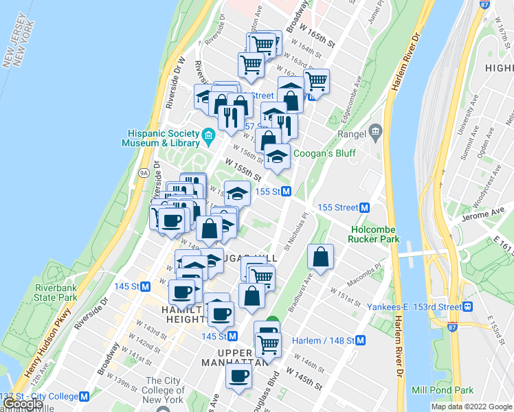 map of restaurants, bars, coffee shops, grocery stores, and more near 1850 Amsterdam Avenue in New York