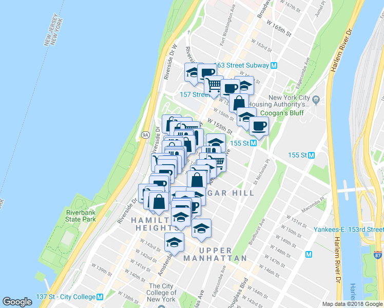 map of restaurants, bars, coffee shops, grocery stores, and more near 569 West 150th Street in New York