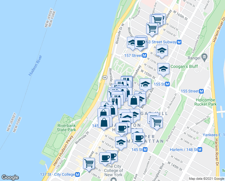 map of restaurants, bars, coffee shops, grocery stores, and more near Broadway in New York