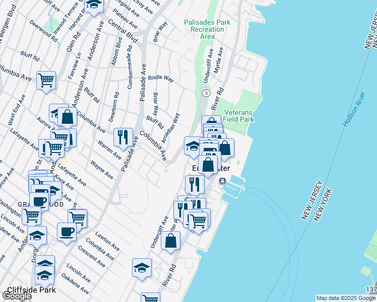 map of restaurants, bars, coffee shops, grocery stores, and more near 513 Undercliff Avenue in Edgewater