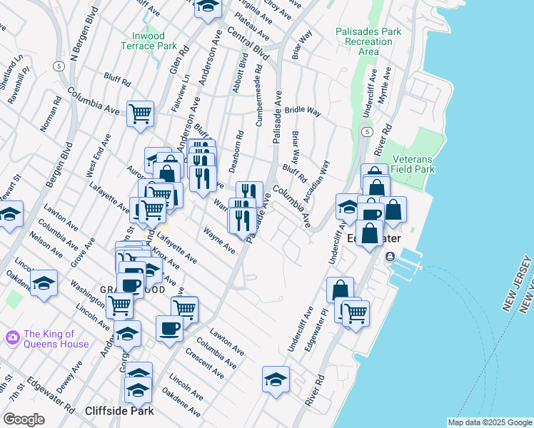 map of restaurants, bars, coffee shops, grocery stores, and more near 101 Victoria Place West in Fort Lee