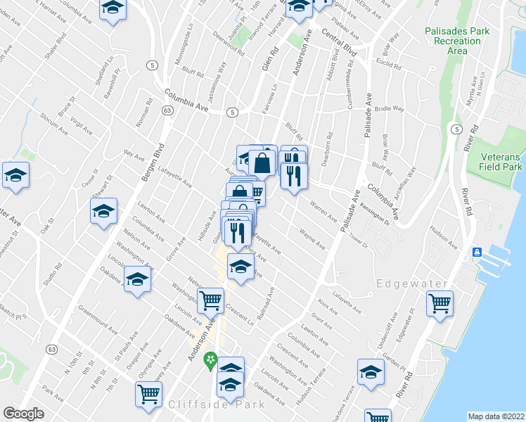map of restaurants, bars, coffee shops, grocery stores, and more near 291 Franklin Avenue in Cliffside Park