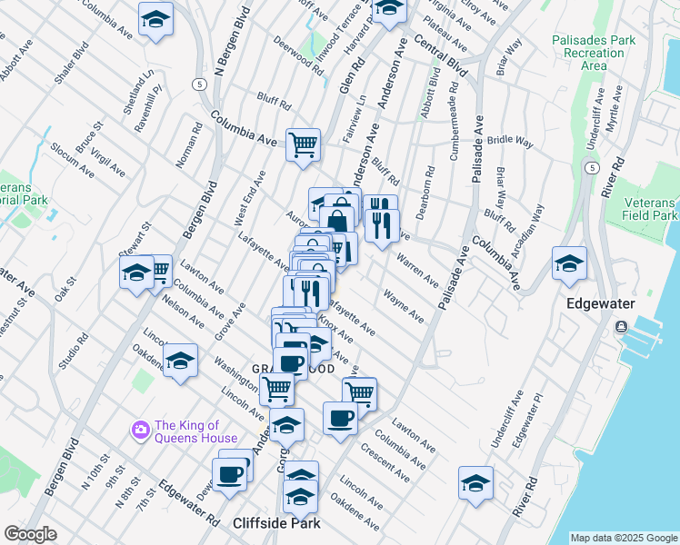 map of restaurants, bars, coffee shops, grocery stores, and more near 291 Franklin Avenue in Cliffside Park