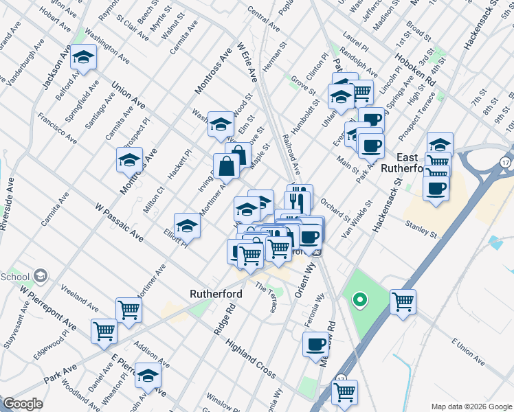map of restaurants, bars, coffee shops, grocery stores, and more near 80 Ames Avenue in Rutherford