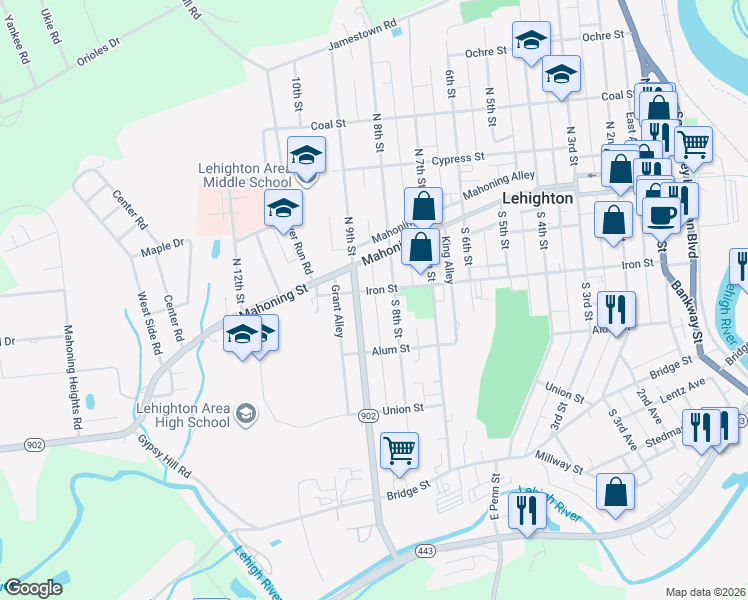 map of restaurants, bars, coffee shops, grocery stores, and more near 225 South 9th Street in Lehighton