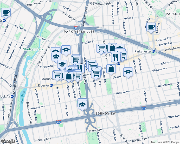map of restaurants, bars, coffee shops, grocery stores, and more near 1675 Westchester Avenue in The Bronx