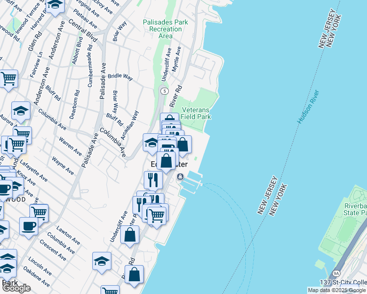 map of restaurants, bars, coffee shops, grocery stores, and more near 1077 River Road in Edgewater