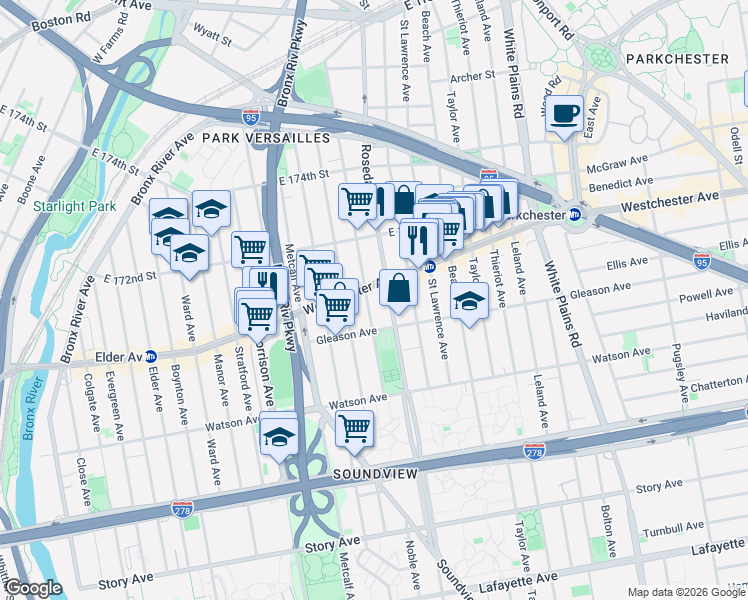 map of restaurants, bars, coffee shops, grocery stores, and more near in The Bronx