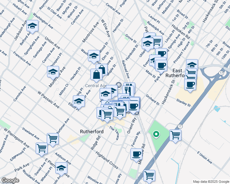 map of restaurants, bars, coffee shops, grocery stores, and more near 80 Ames Avenue in Rutherford