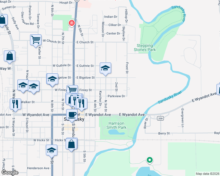 map of restaurants, bars, coffee shops, grocery stores, and more near 433 East Finley Street in Upper Sandusky