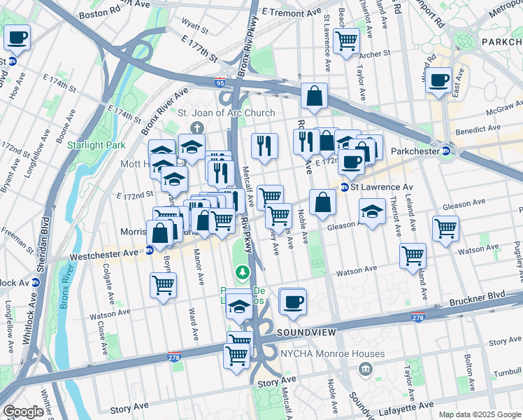 map of restaurants, bars, coffee shops, grocery stores, and more near in Bronx