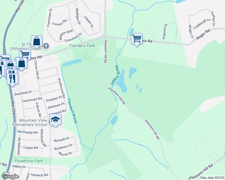 map of restaurants, bars, coffee shops, grocery stores, and more near 87 Pleasant Hill Rd in Flanders