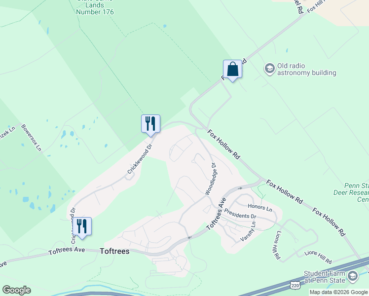 map of restaurants, bars, coffee shops, grocery stores, and more near 1626 Woodledge Circle in State College