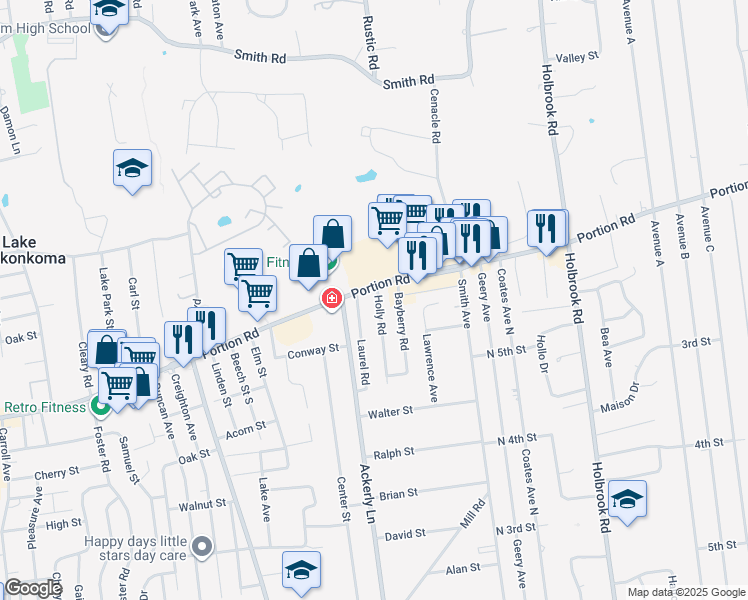 map of restaurants, bars, coffee shops, grocery stores, and more near 550 Portion Road in Lake Ronkonkoma