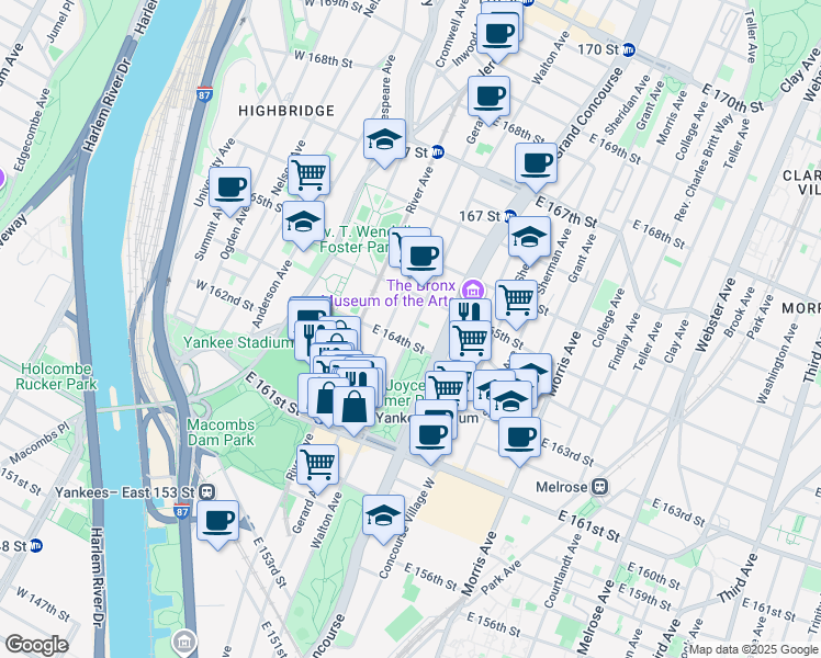 map of restaurants, bars, coffee shops, grocery stores, and more near 990 Gerard Avenue in Bronx