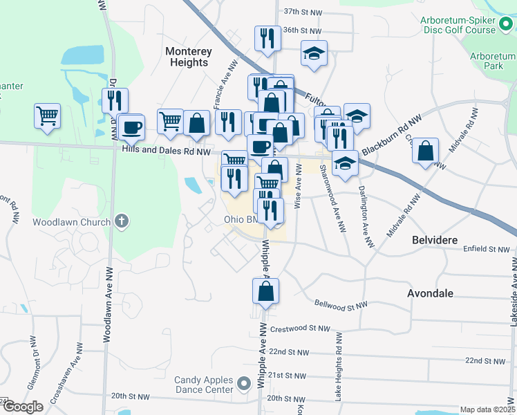 map of restaurants, bars, coffee shops, grocery stores, and more near 2867 Whipple Avenue Northwest in Canton