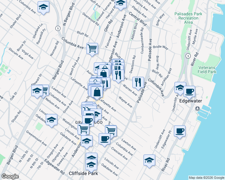 map of restaurants, bars, coffee shops, grocery stores, and more near 259 Railroad Avenue in Cliffside Park