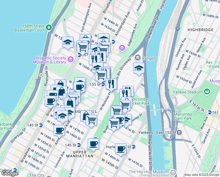 map of restaurants, bars, coffee shops, grocery stores, and more near 400 West 155th Street in New York
