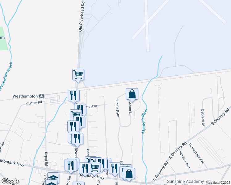 map of restaurants, bars, coffee shops, grocery stores, and more near 51 Bridle Path in Westhampton Beach