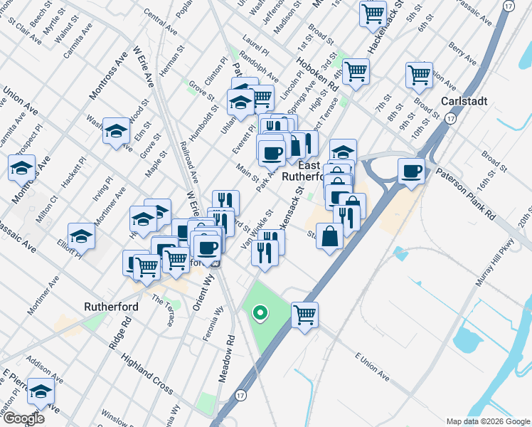 map of restaurants, bars, coffee shops, grocery stores, and more near 179-189 Hackensack Street in East Rutherford