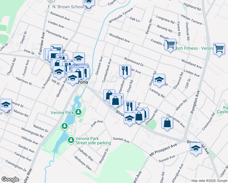 map of restaurants, bars, coffee shops, grocery stores, and more near 300 Claremont Avenue in Verona