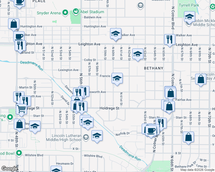 map of restaurants, bars, coffee shops, grocery stores, and more near 1700 North 59th Street in Lincoln