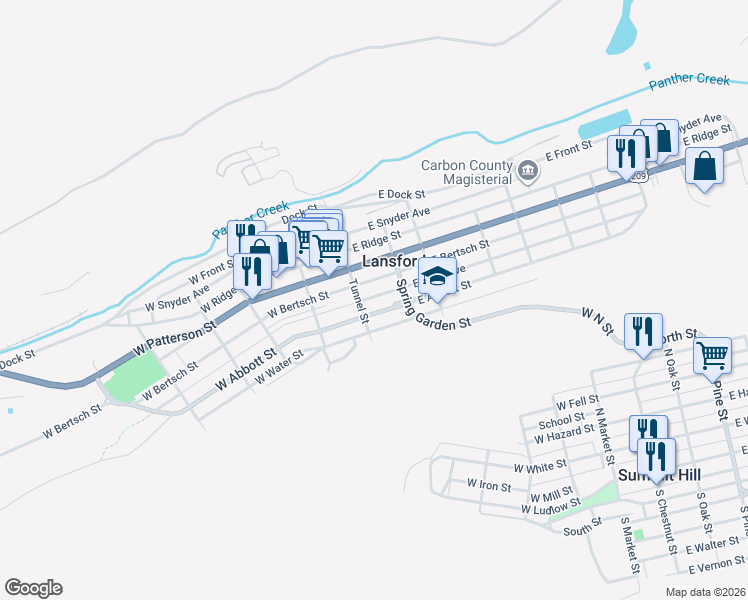 map of restaurants, bars, coffee shops, grocery stores, and more near 1 E Abbott St in Lansford